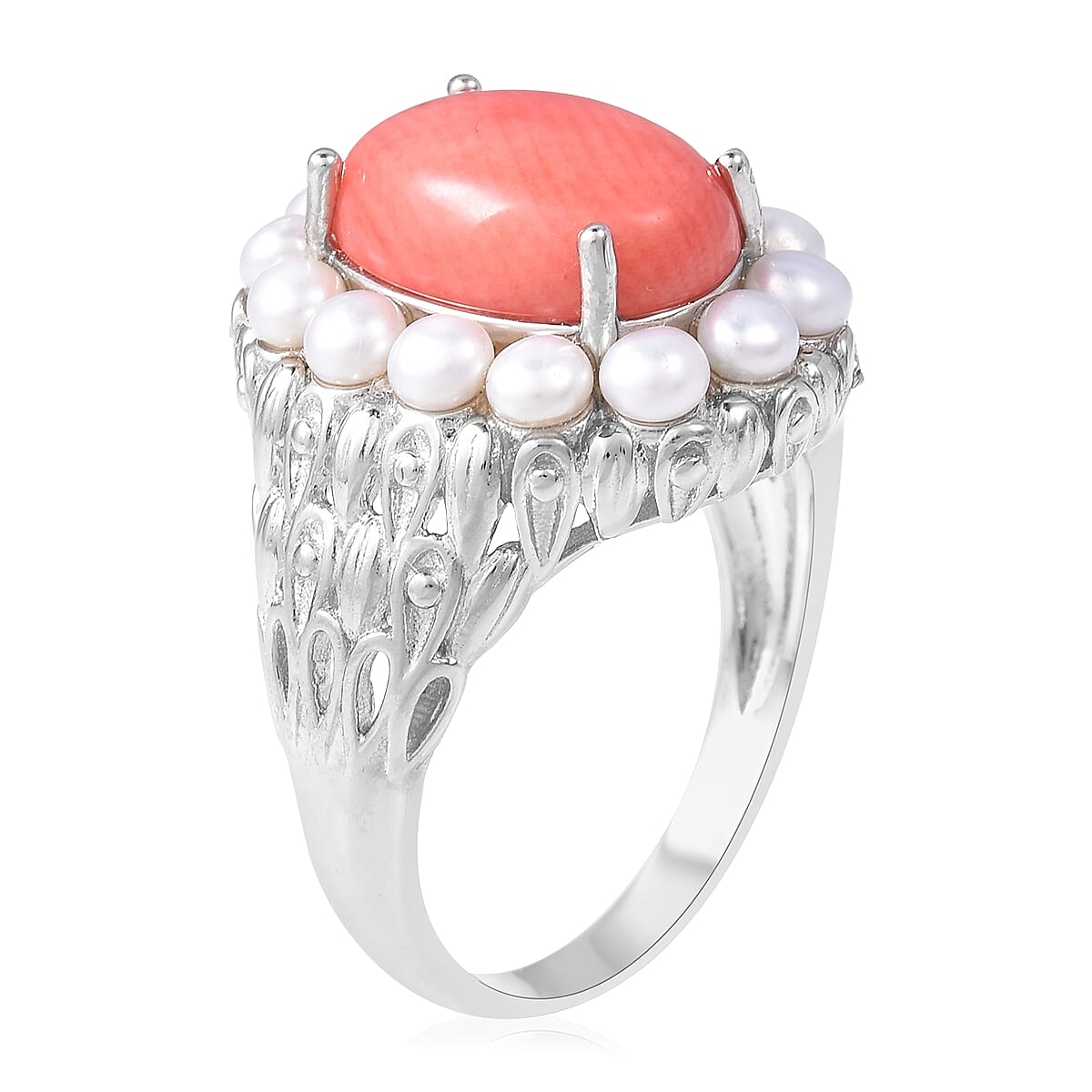 Living Coral (Ovl 5.0 Ct), Freshwater Pearl Ring in Rhodium Overlay Sterling Silver 7.750 Ct, Silver wt 7.36 Gms