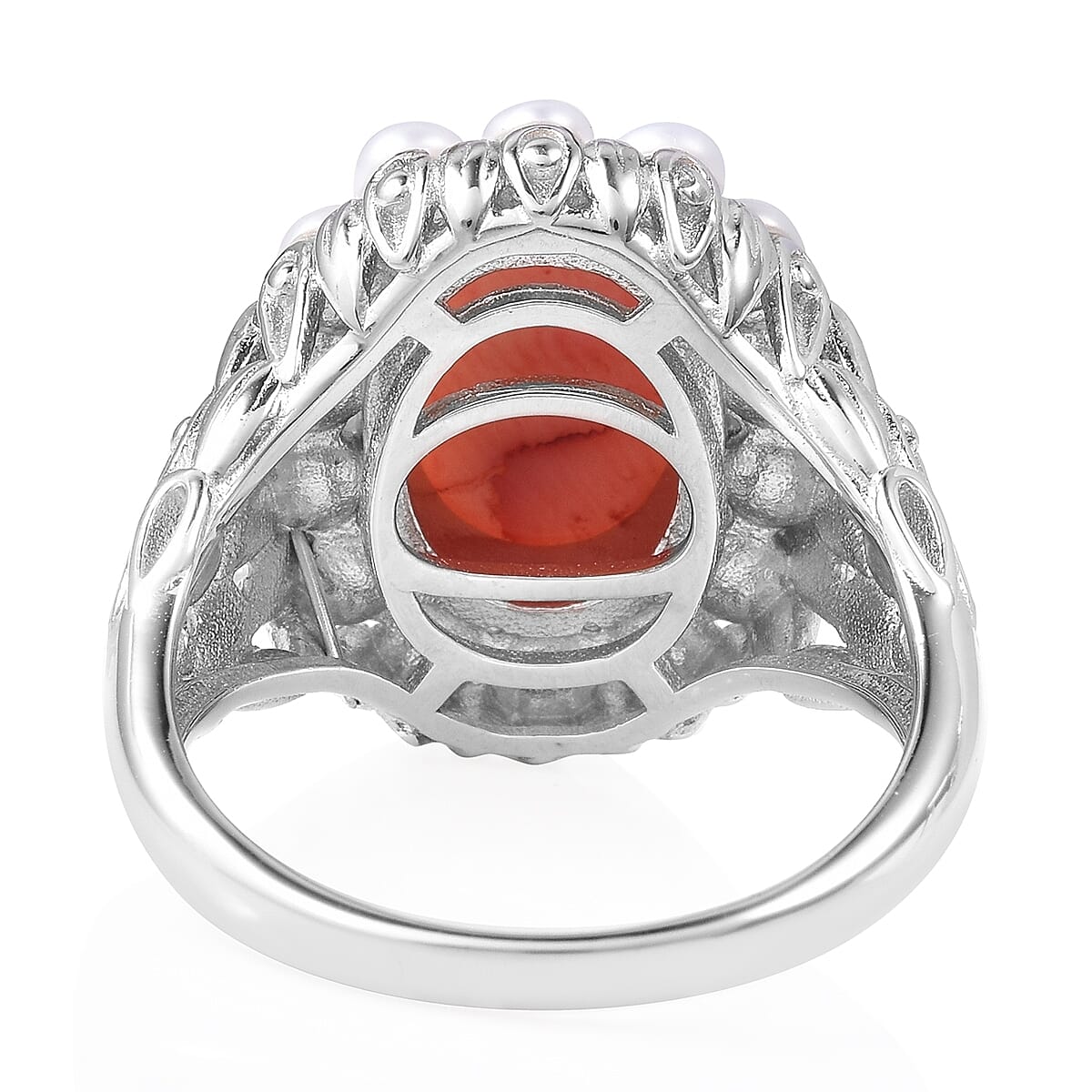 Living Coral (Ovl 5.0 Ct), Freshwater Pearl Ring in Rhodium Overlay Sterling Silver 7.750 Ct, Silver wt 7.36 Gms