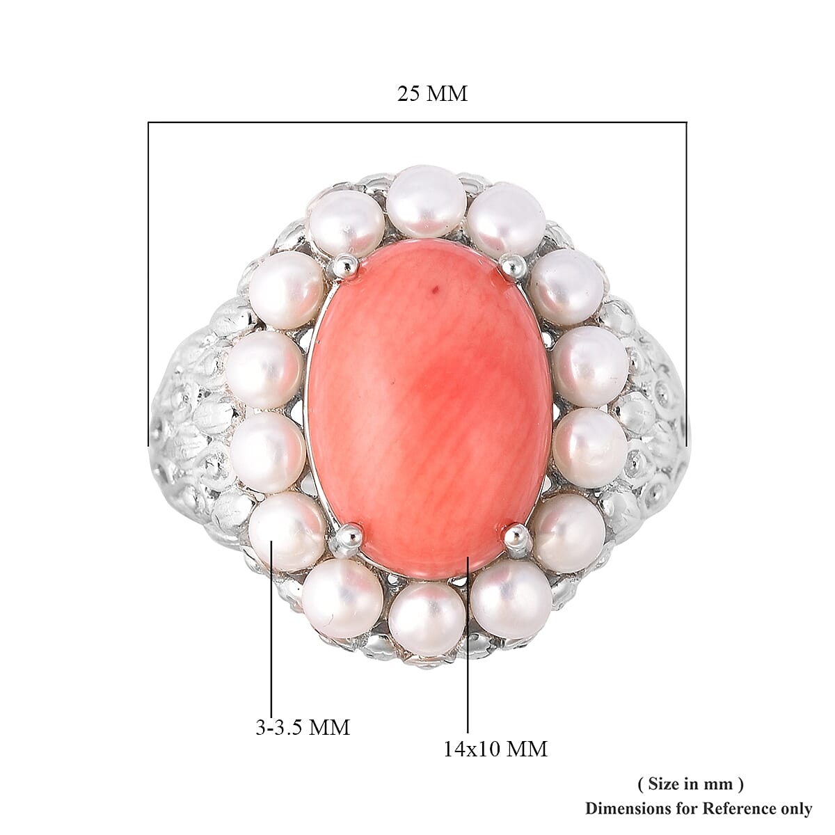 Living Coral (Ovl 5.0 Ct), Freshwater Pearl Ring in Rhodium Overlay Sterling Silver 7.750 Ct, Silver wt 7.36 Gms