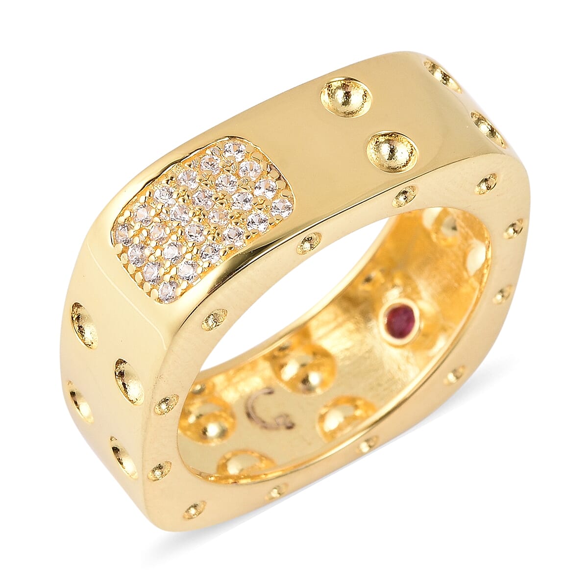 RACHEL GALLEY Majestic Collection Natural White Cambodian Zircon (Rnd), Ruby Ring in Yellow Gold Overlay Sterling Silver, Silver wt 6.93 Gms
