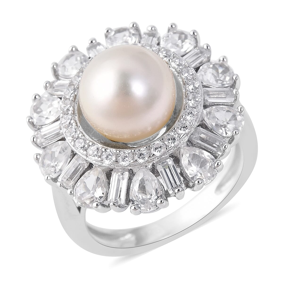 White South Sea Pearl (Rnd 9-10 mm), Natural White Cambodian Zircon Ring in Rhodium Overlay Sterling Silver