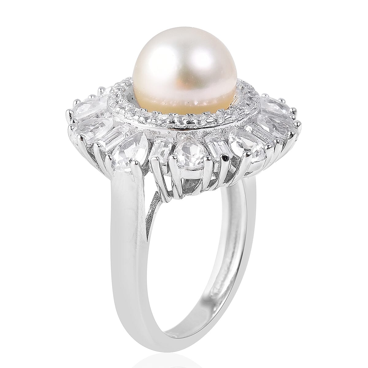 White South Sea Pearl (Rnd 9-10 mm), Natural White Cambodian Zircon Ring in Rhodium Overlay Sterling Silver