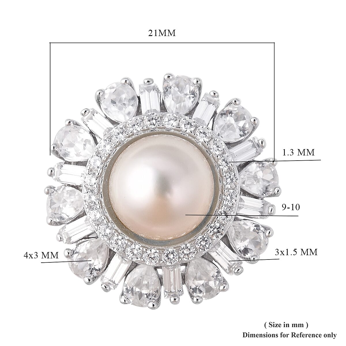 White South Sea Pearl (Rnd 9-10 mm), Natural White Cambodian Zircon Ring in Rhodium Overlay Sterling Silver