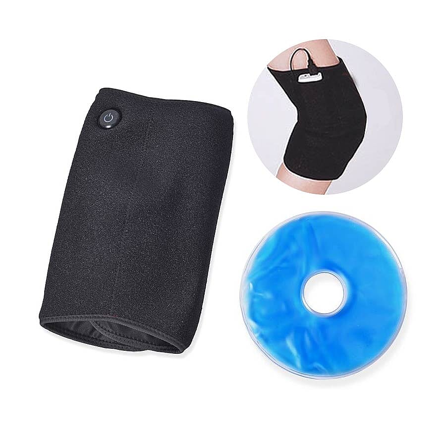 2 in 1 USB Powered Heated Knee Belt with Ice Gel Bag and 3 Heat Setting with Low Voltage (Size 52x28 Cm) (Power Bank, Adapter or USB not Included) - Black