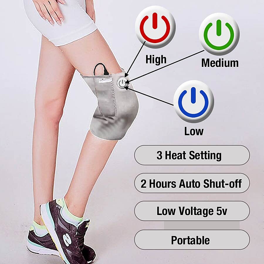 2 in 1 USB Powered Heated Knee Belt with Ice Gel Bag and 3 Heat Setting with Low Voltage (Size 52x28 Cm) (Power Bank, Adapter or USB not Included) - Silver