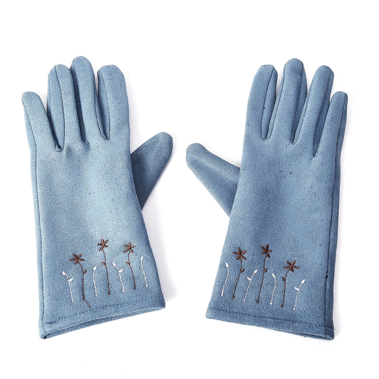 Solid Colour Women Winter Gloves with Star Embroidery on the Wrist (Size 8.9x22.9 Cm) - Blue