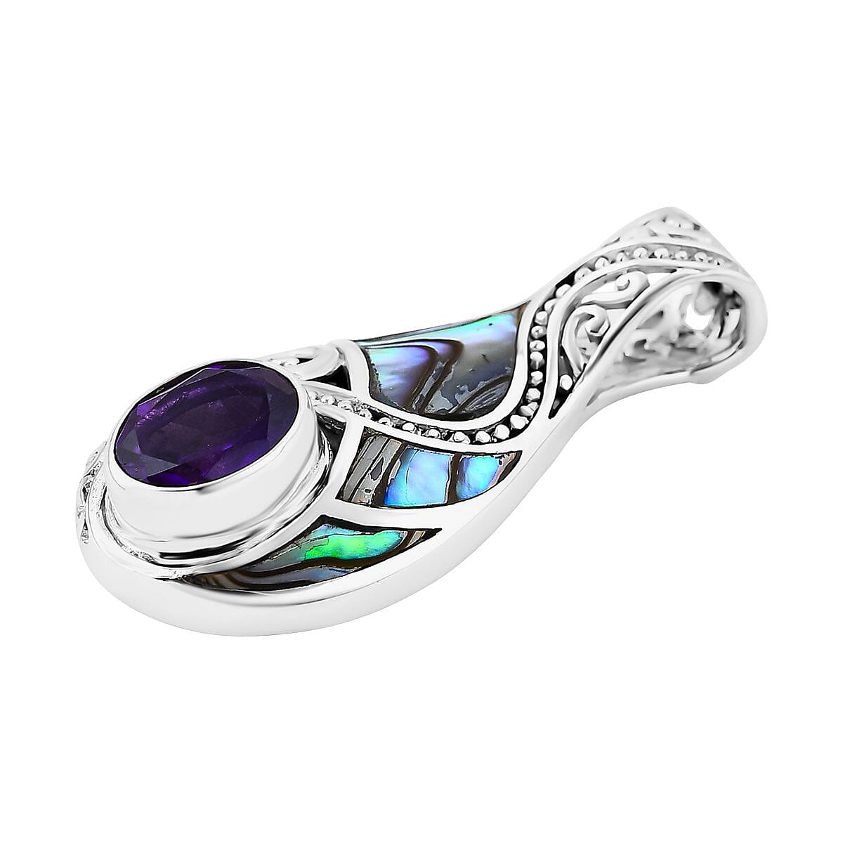 Royal Bali Collection - Amethyst & Abalone Shell Drop Pendant in Sterling Silver 2.50 Ct.