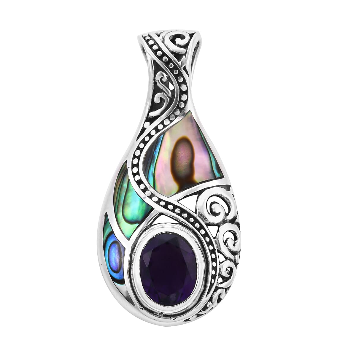 Royal Bali Collection - Amethyst & Abalone Shell Drop Pendant in Sterling Silver 2.50 Ct.