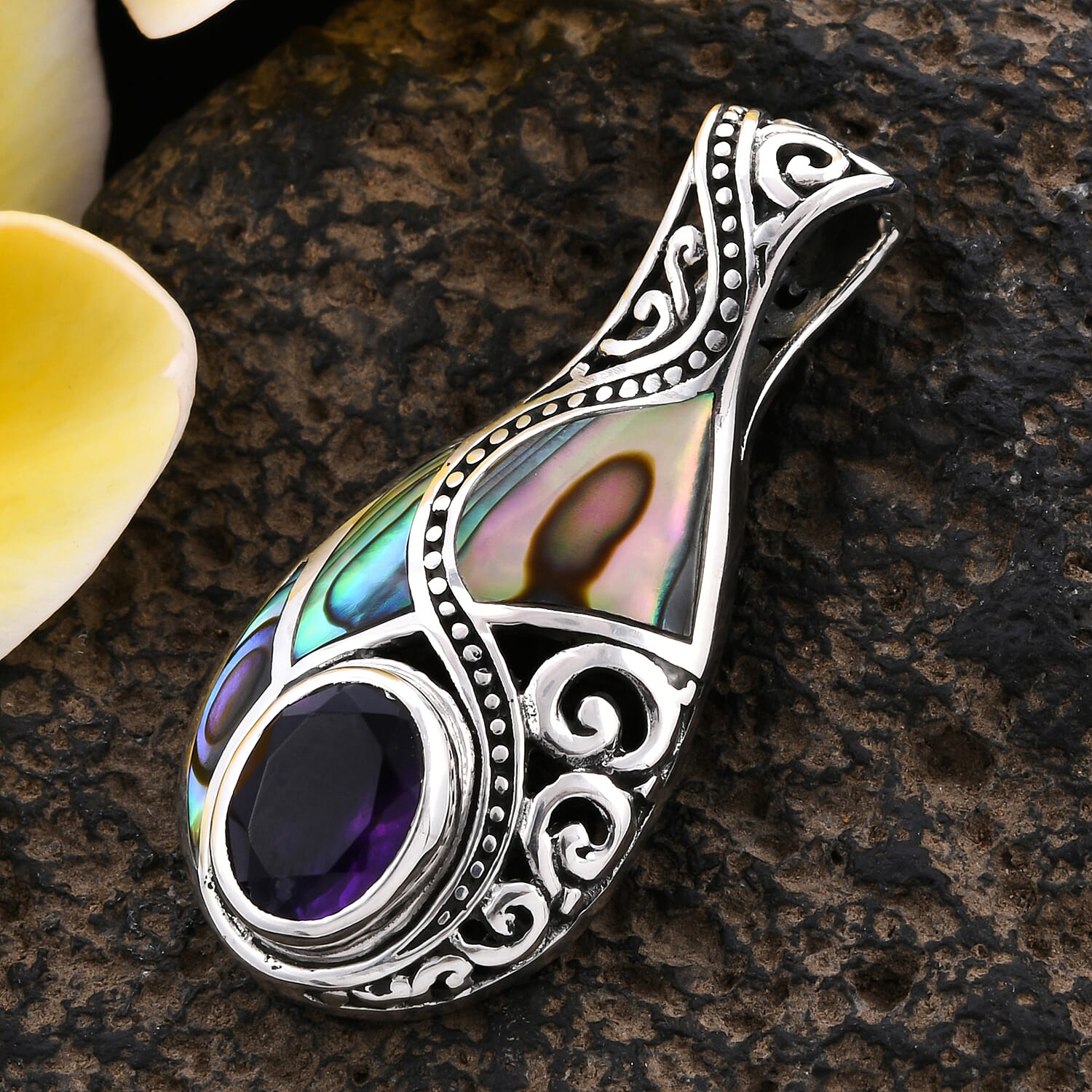 Royal Bali Collection - Amethyst & Abalone Shell Drop Pendant in Sterling Silver 2.50 Ct.