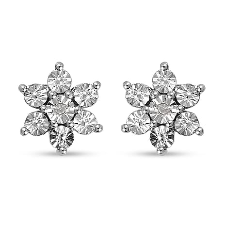 Diamond Floral Stud Earrings in Platinum Overlay Sterling Silver