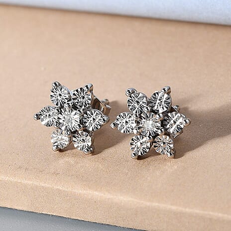 Diamond Floral Stud Earrings in Platinum Overlay Sterling Silver