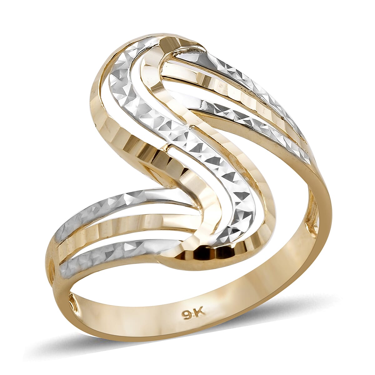 Royal Bali Collection 9K Yellow and White Gold Diamond Cut Ring