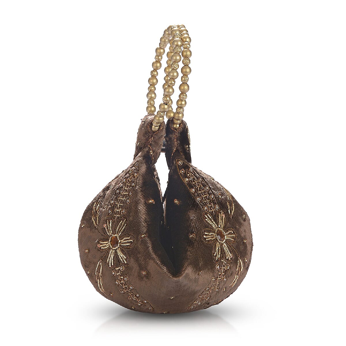 Weaved Embellishment Velvet Potli Bag (Size 16.51x24.13 Cm) - Brown