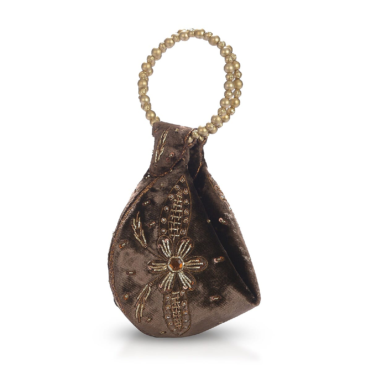 Weaved Embellishment Velvet Potli Bag (Size 16.51x24.13 Cm) - Brown