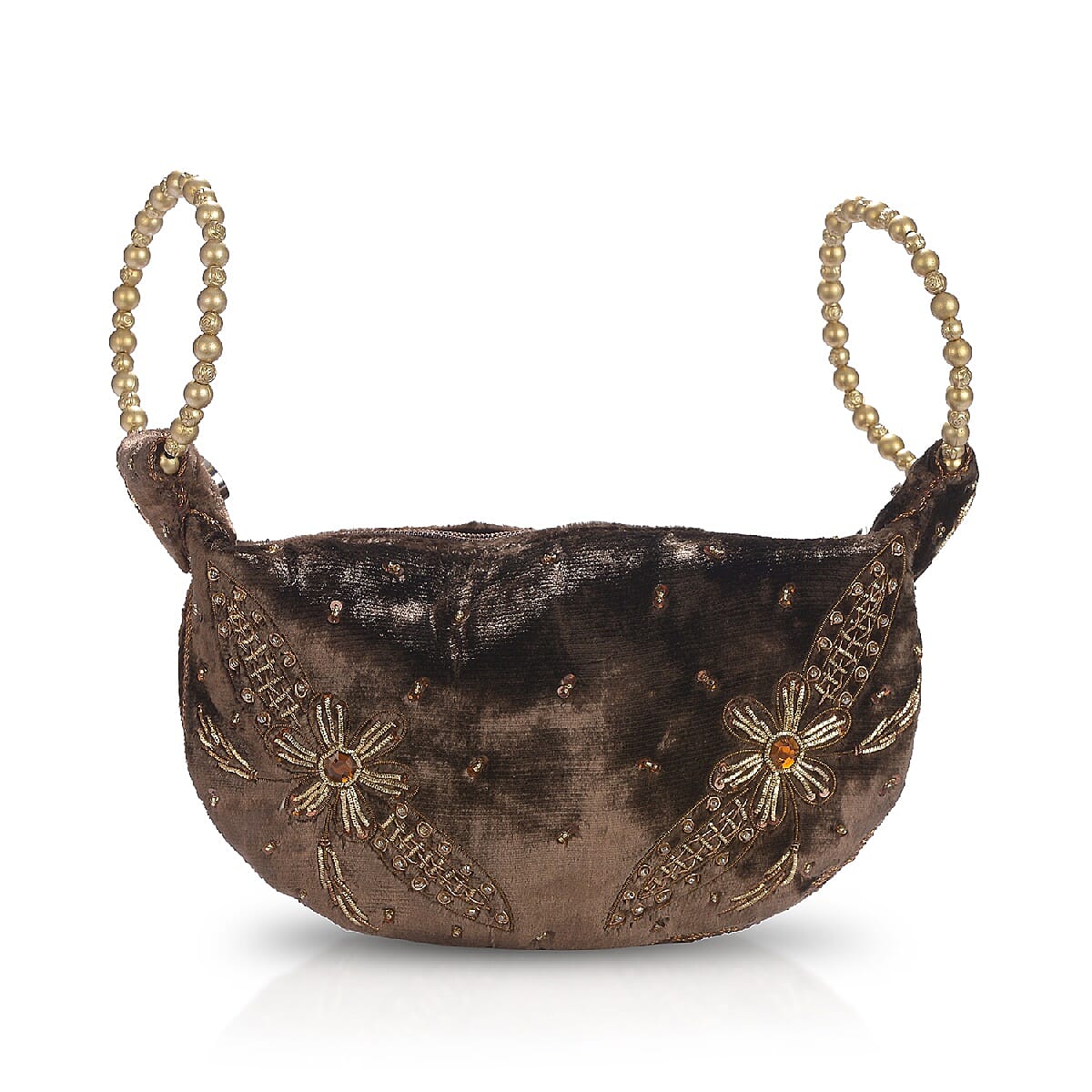 Weaved Embellishment Velvet Potli Bag (Size 16.51x24.13 Cm) - Brown