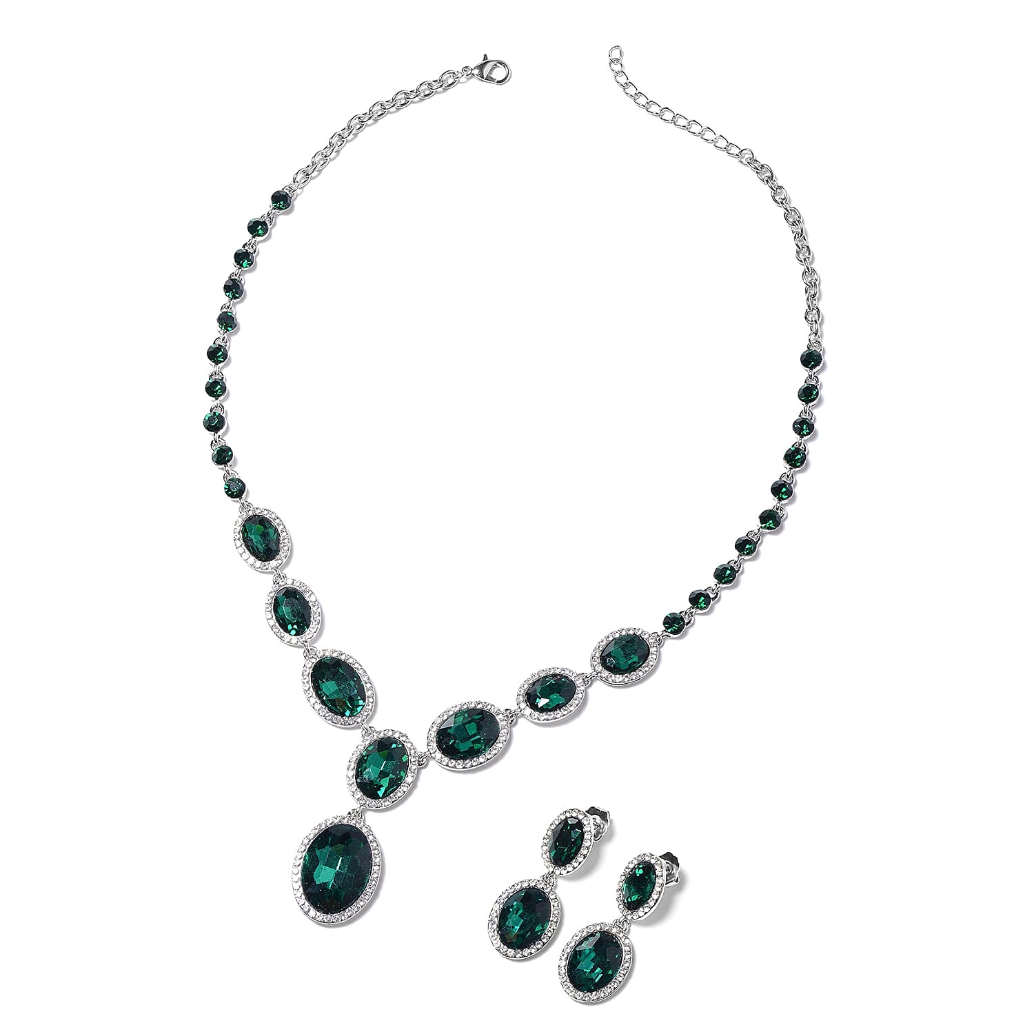 2 Piece Set - Simulated Emerald, White & Green Austrian Crystal Necklace (Size - 20-2 Ext) and Drop Earrings with Push Back in Silver Tone