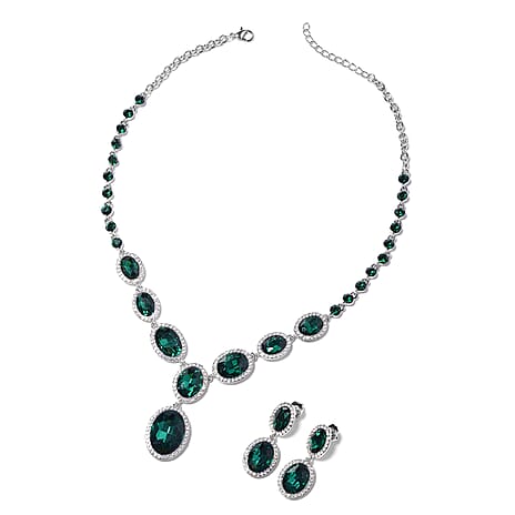2 Piece Set - Simulated Emerald, White & Green Austrian Crystal Necklace (Size - 20-2 Ext) and Drop Earrings with Push Back in Silver Tone