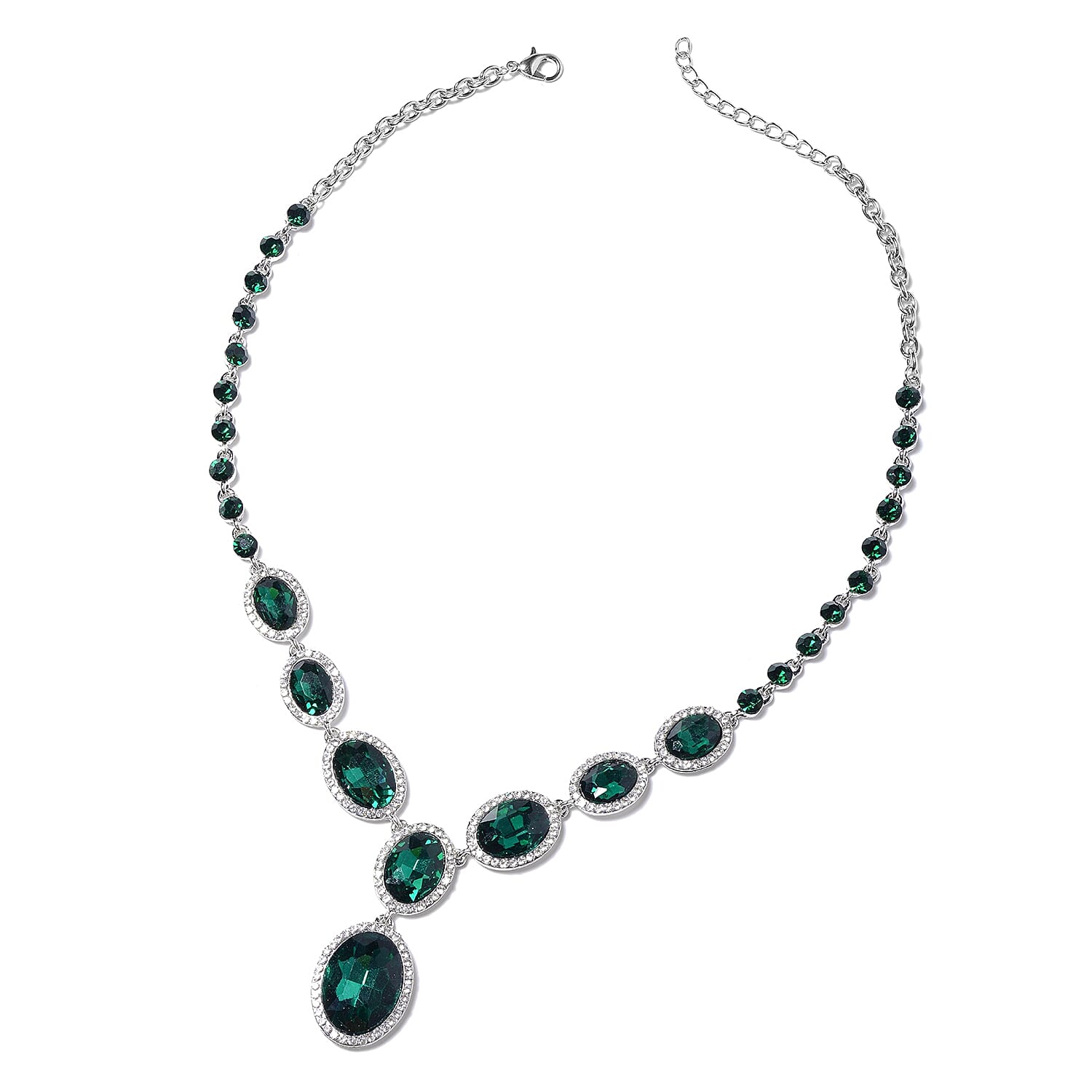 2 Piece Set - Simulated Emerald, White & Green Austrian Crystal Necklace (Size - 20-2 Ext) and Drop Earrings with Push Back in Silver Tone