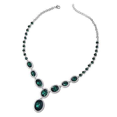 2 Piece Set - Simulated Emerald, White & Green Austrian Crystal Necklace (Size - 20-2 Ext) and Drop Earrings with Push Back in Silver Tone
