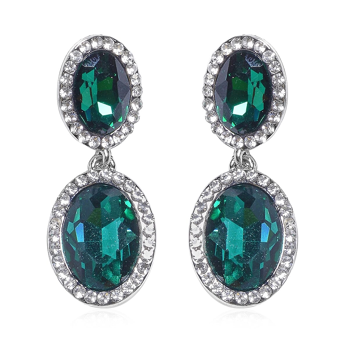 2 Piece Set - Simulated Emerald, White & Green Austrian Crystal Necklace (Size - 20-2 Ext) and Drop Earrings with Push Back in Silver Tone