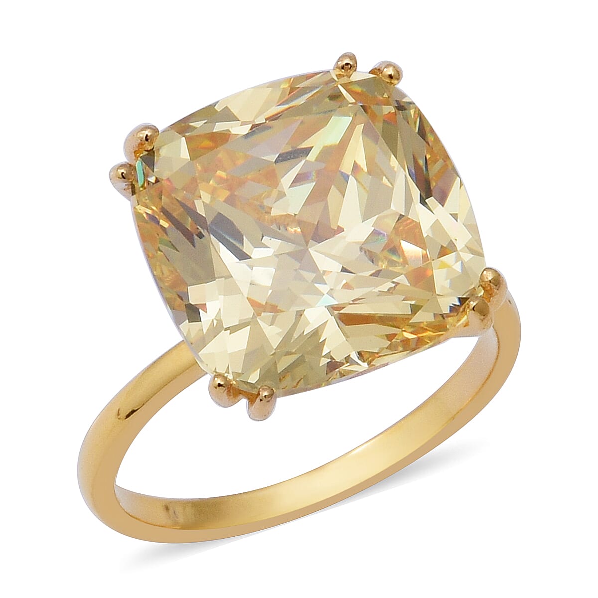 ELANZA Swiss Star Simulated Canary Diamond (Cush 15x15 mm) Ring in Yellow Gold Overlay Sterling Silver