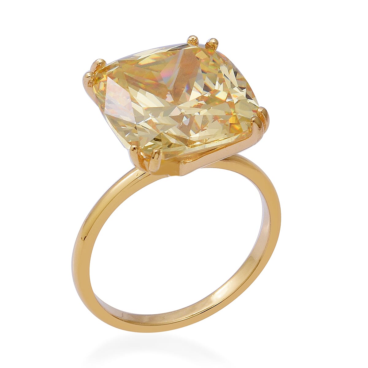 ELANZA Swiss Star Simulated Canary Diamond (Cush 15x15 mm) Ring in Yellow Gold Overlay Sterling Silver