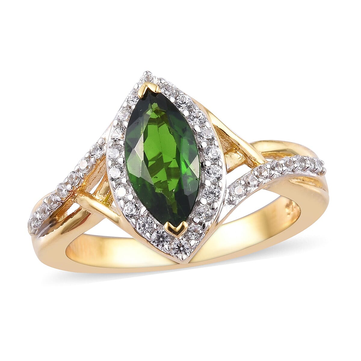 Chrome Diopside (Mrq 10x5 mm), Natural Cambodian Zircon Ring in 14K Gold Overlay Sterling Silver 1.50 Ct.