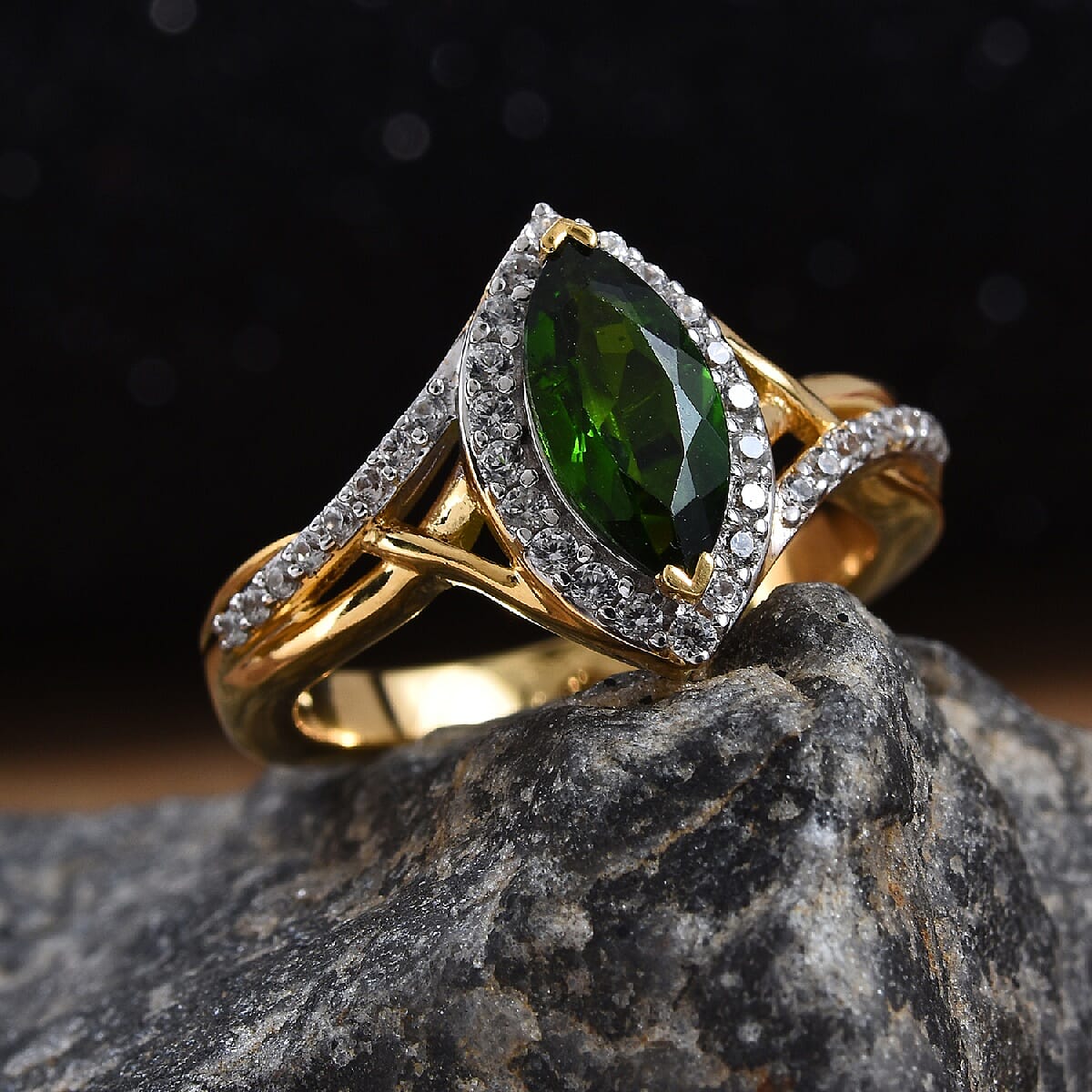 Chrome Diopside (Mrq 10x5 mm), Natural Cambodian Zircon Ring in 14K Gold Overlay Sterling Silver 1.50 Ct.