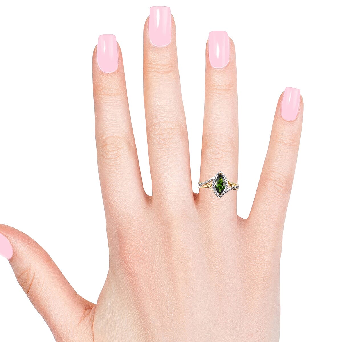 Chrome Diopside (Mrq 10x5 mm), Natural Cambodian Zircon Ring in 14K Gold Overlay Sterling Silver 1.50 Ct.
