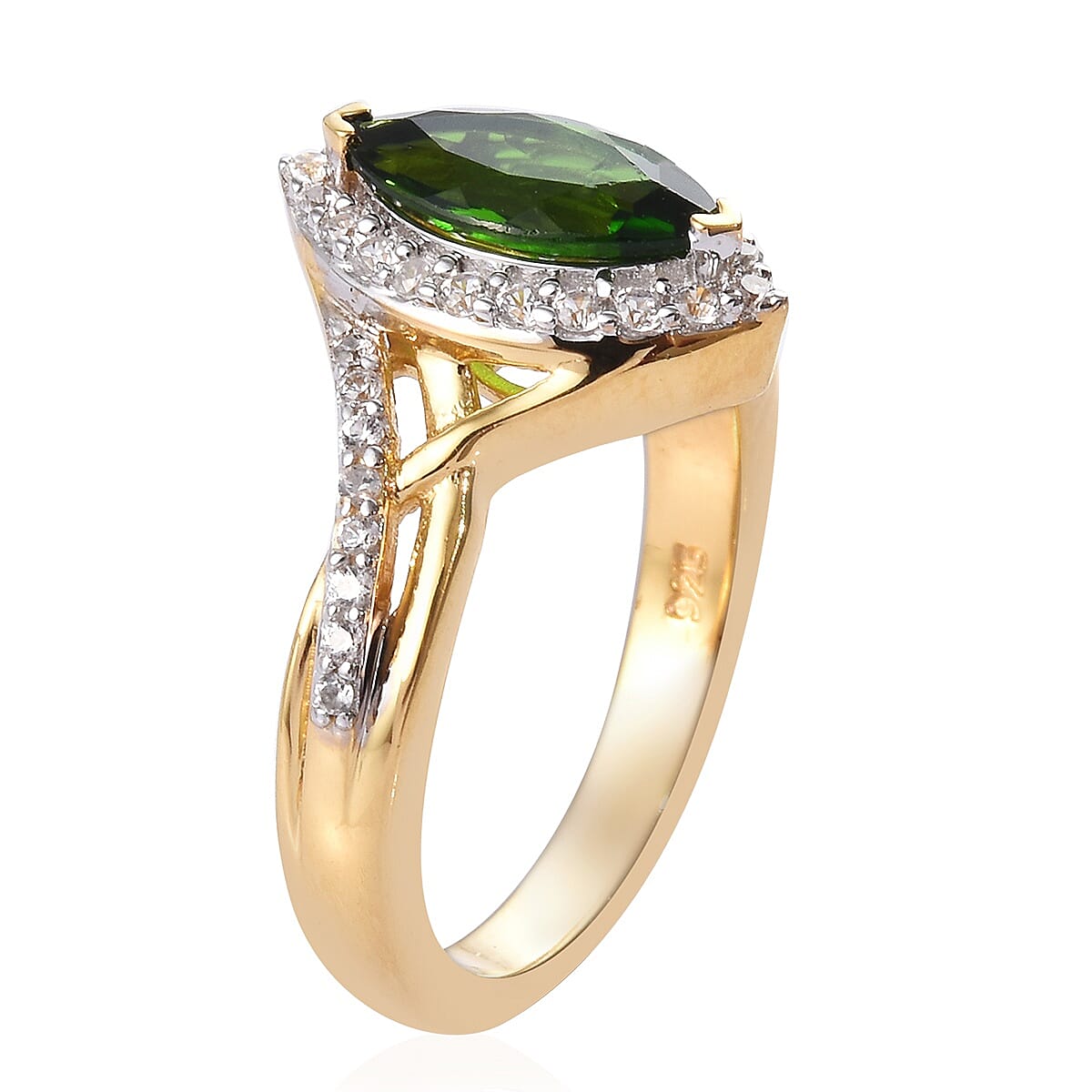 Chrome Diopside (Mrq 10x5 mm), Natural Cambodian Zircon Ring in 14K Gold Overlay Sterling Silver 1.50 Ct.