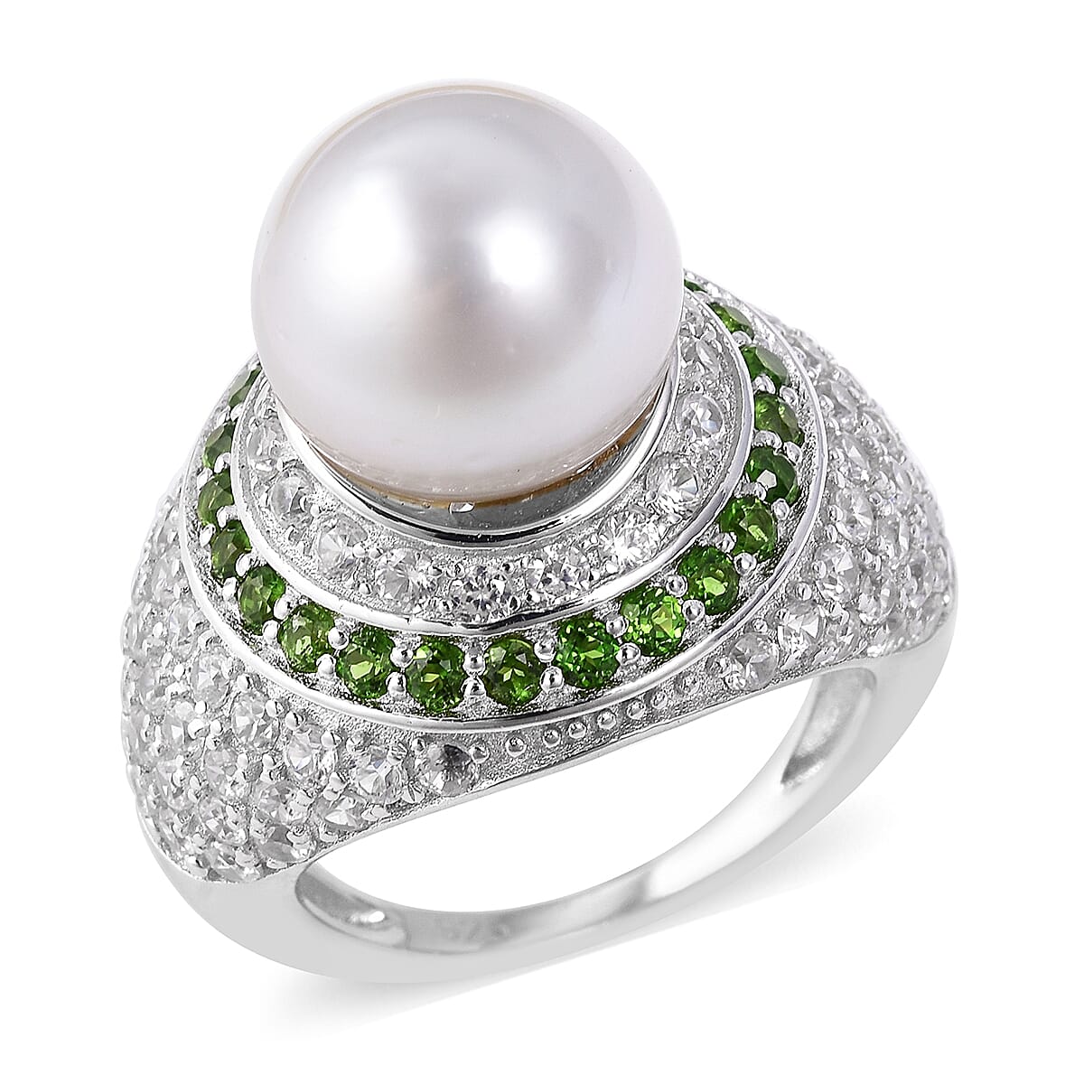 White South Sea Pearl (Rnd), Natural Chrome Diopside and Natural Zircon Ring in Rhodium Overlay Sterling Silver, Silver Wt 7.34 Gms