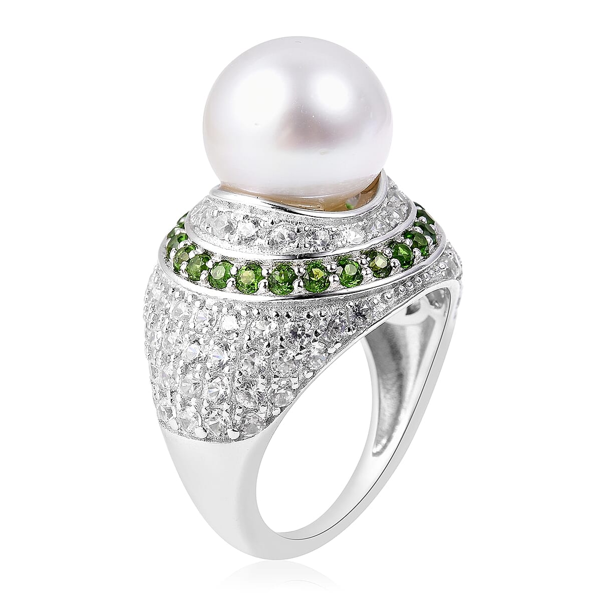 White South Sea Pearl (Rnd), Natural Chrome Diopside and Natural Zircon Ring in Rhodium Overlay Sterling Silver, Silver Wt 7.34 Gms