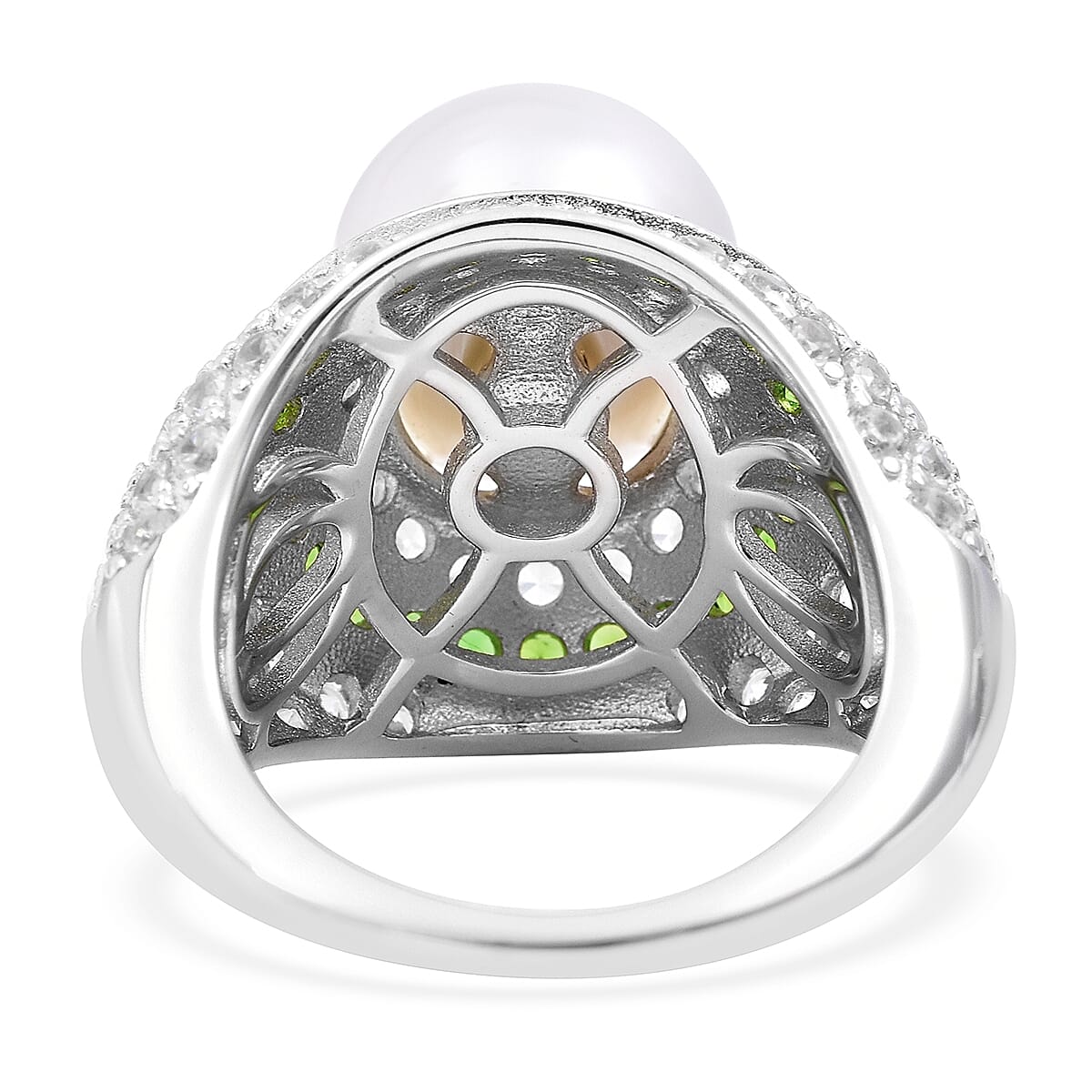 White South Sea Pearl (Rnd), Natural Chrome Diopside and Natural Zircon Ring in Rhodium Overlay Sterling Silver, Silver Wt 7.34 Gms
