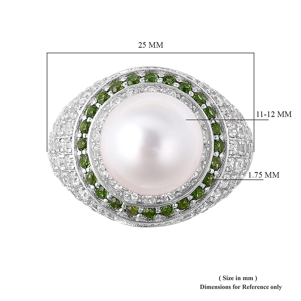 White South Sea Pearl (Rnd), Natural Chrome Diopside and Natural Zircon Ring in Rhodium Overlay Sterling Silver, Silver Wt 7.34 Gms
