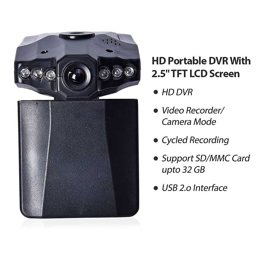 HD Dashcam Plus with Foldable Screen, Car Charger, Suction Cup and 8 GB Memory Card (Size 10.5x6x9 Cm) - Black