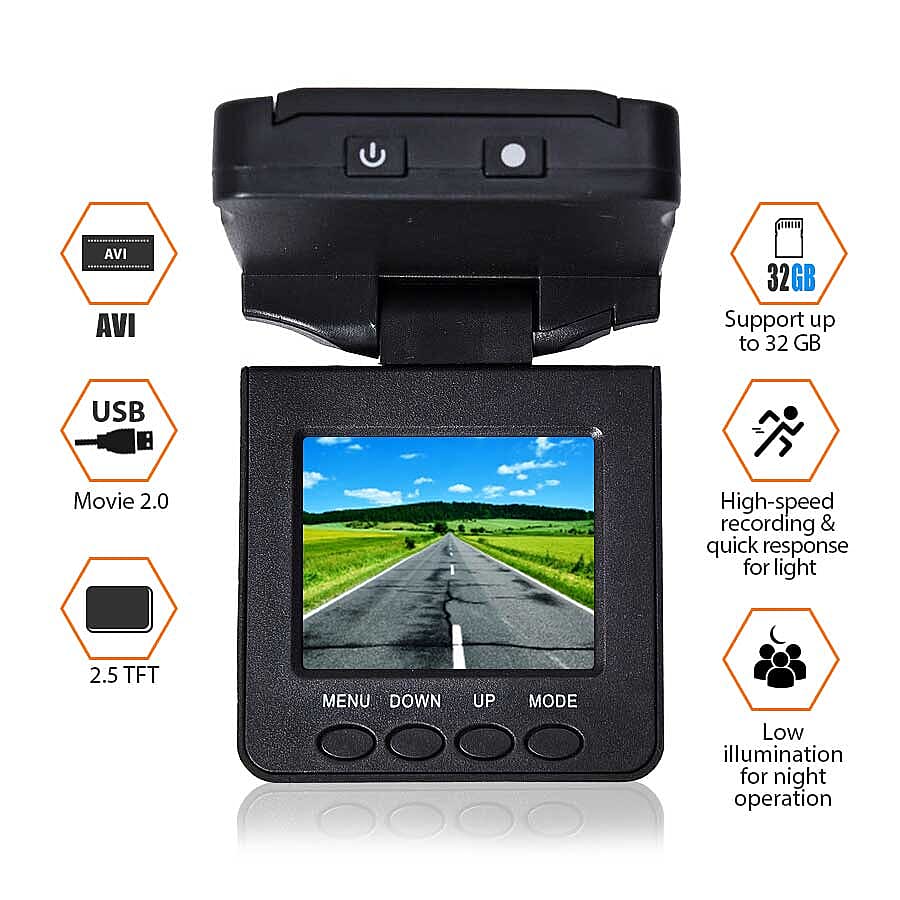 HD Dashcam Plus with Foldable Screen, Car Charger, Suction Cup and 8 GB Memory Card (Size 10.5x6x9 Cm) - Black
