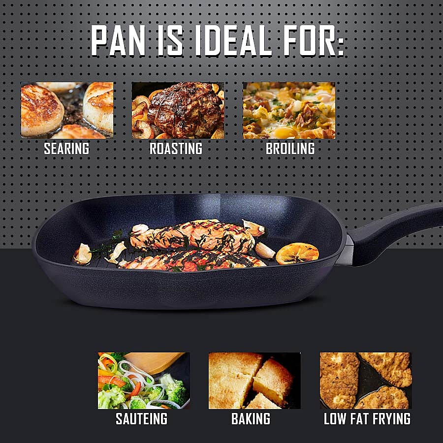 Inner Blue Diamond Infused Square Grill Pan with Bakelite Handle with Silicone Coating and Induction Bottom (Size 28x4.5 Cm)