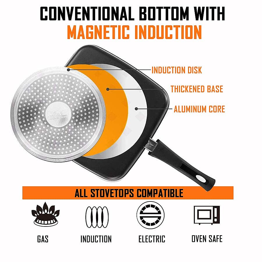 Inner Blue Diamond Infused Square Grill Pan with Bakelite Handle with Silicone Coating and Induction Bottom (Size 28x4.5 Cm)