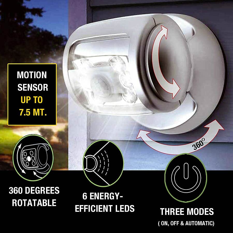 Rotating Wireless LED Porch Light with Built-in Motion and Photo Sensor and Three Light Modes (Size 14x14x14.3 Cm) - White (4xC Battery not Included)