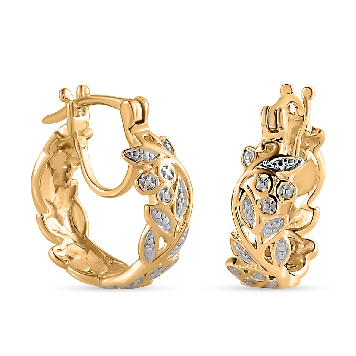 Diamond (Rnd) Full Hoop Floral Vine Earrings (with Clasp) in 18K Vermeil Yellow Gold Plated Sterling Silver 0.010 Ct.