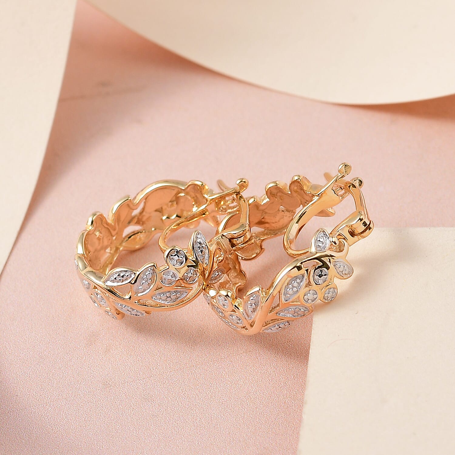 Diamond (Rnd) Full Hoop Floral Vine Earrings (with Clasp) in 18K Vermeil Yellow Gold Plated Sterling Silver 0.010 Ct.