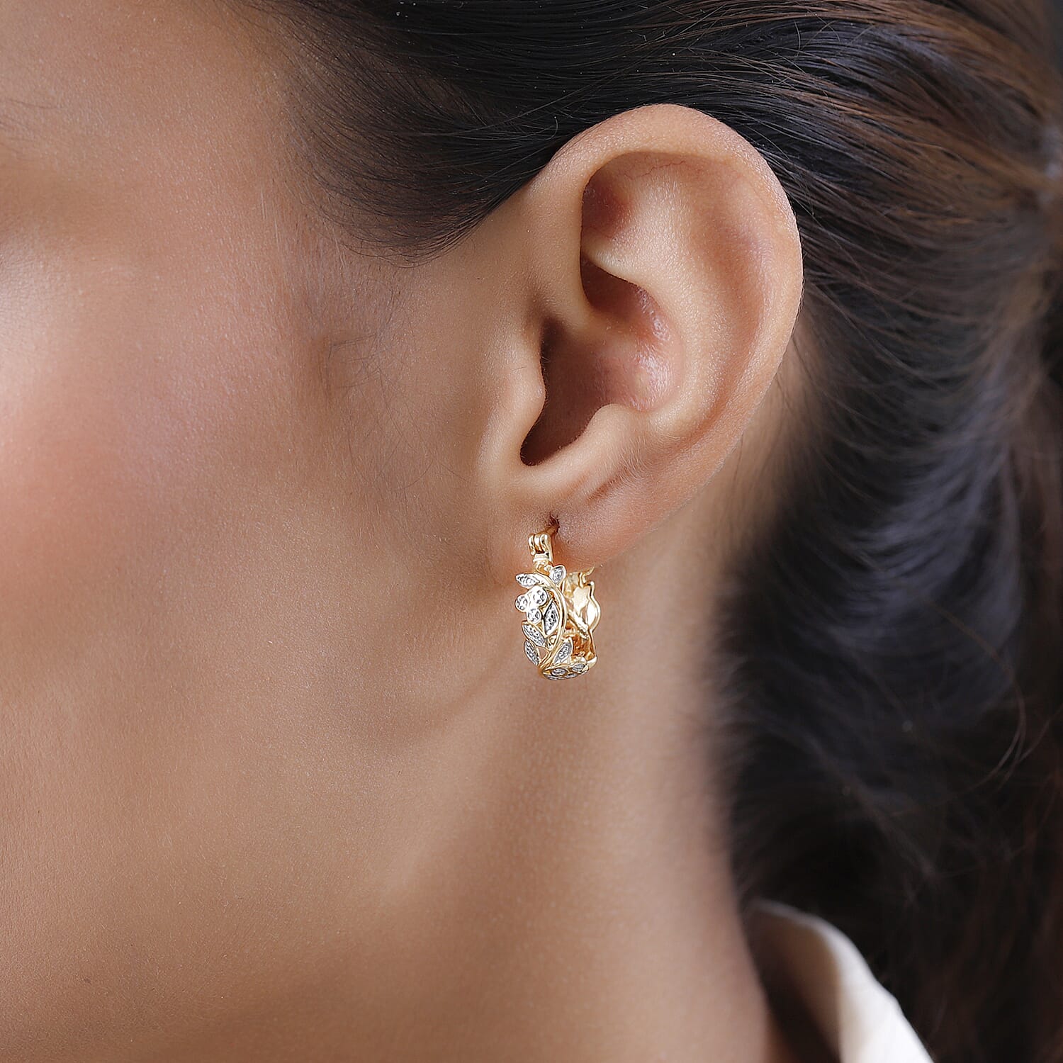 Diamond (Rnd) Full Hoop Floral Vine Earrings (with Clasp) in 18K Vermeil Yellow Gold Plated Sterling Silver 0.010 Ct.