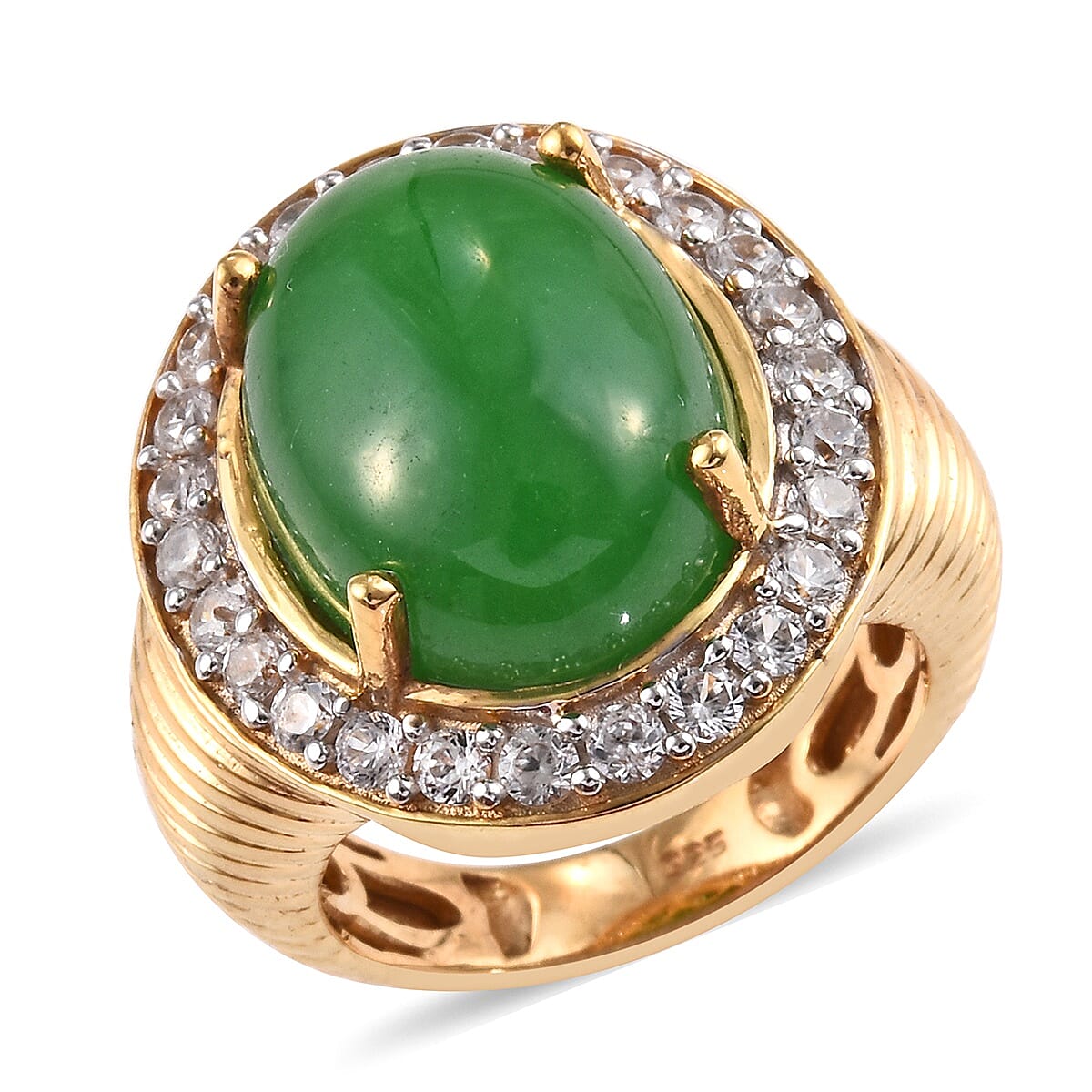 Green Jade (Ovl 16x12 mm), Natural Cambodian Zircon Ring in 14K Gold Overlay Sterling Silver 12.75 Ct, Silver wt 6.30 Gms