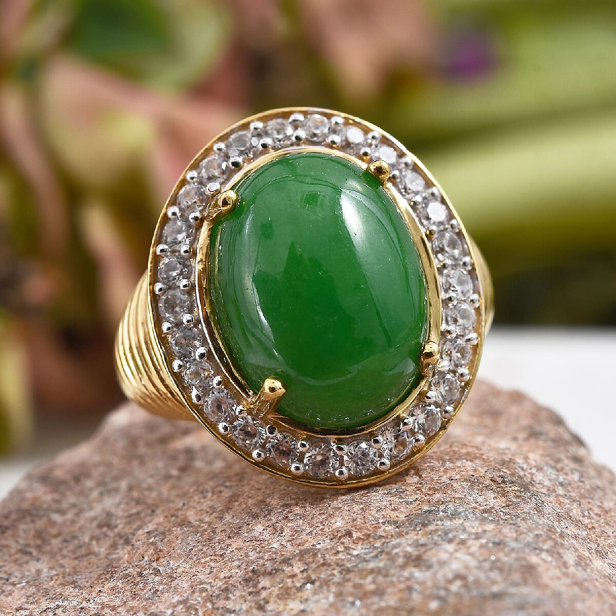 Green Jade (Ovl 16x12 mm), Natural Cambodian Zircon Ring in 14K Gold Overlay Sterling Silver 12.75 Ct, Silver wt 6.30 Gms