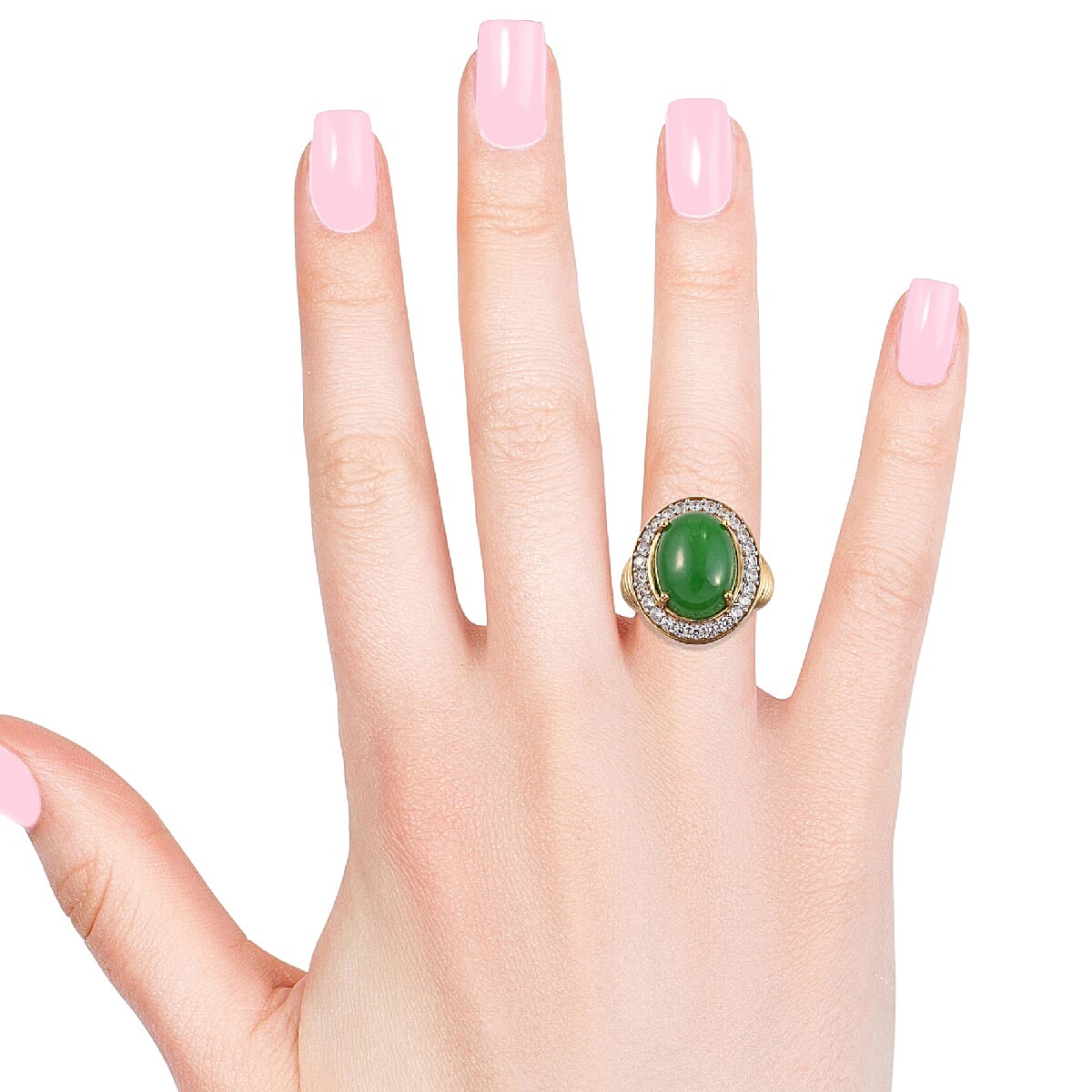 Green Jade (Ovl 16x12 mm), Natural Cambodian Zircon Ring in 14K Gold Overlay Sterling Silver 12.75 Ct, Silver wt 6.30 Gms