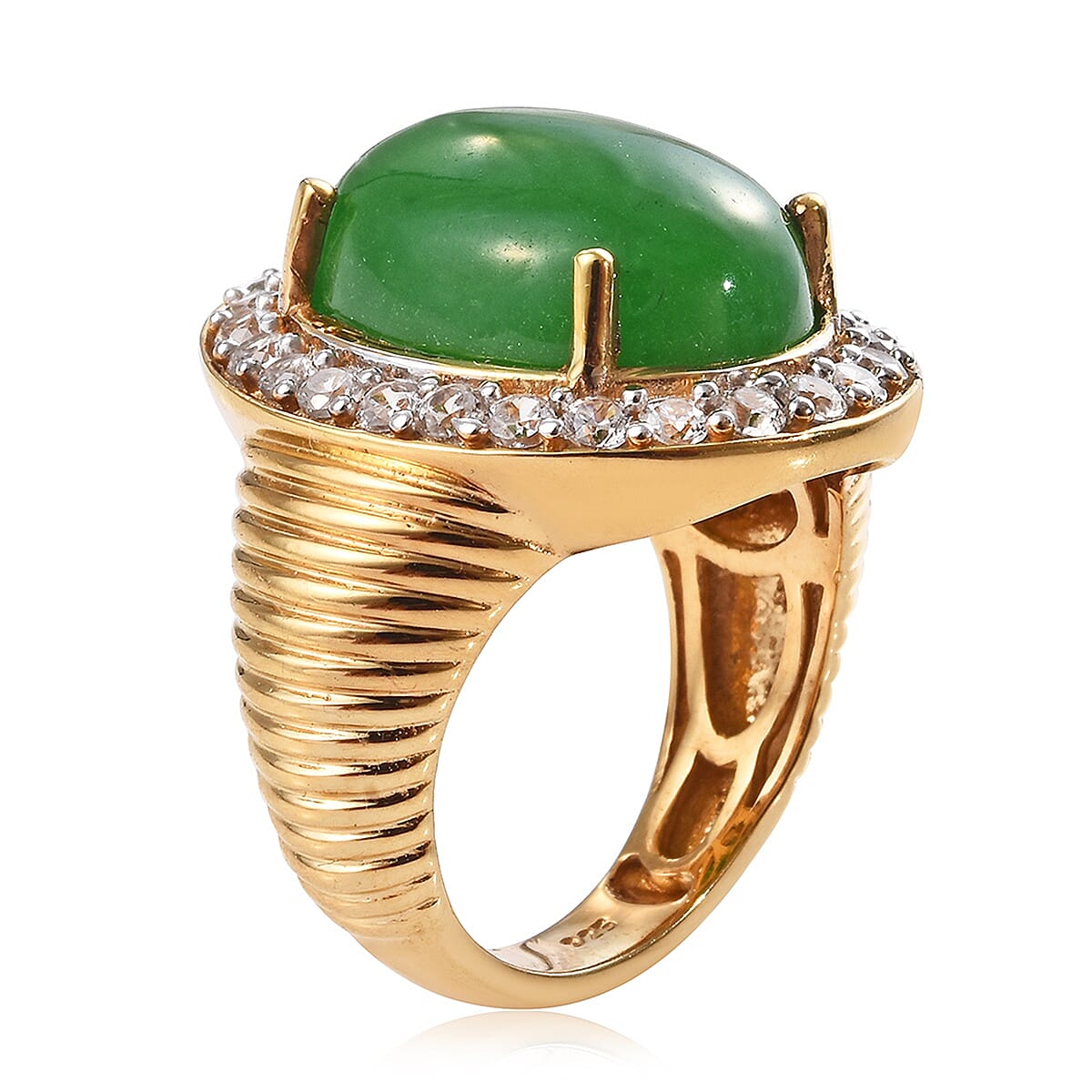 Green Jade (Ovl 16x12 mm), Natural Cambodian Zircon Ring in 14K Gold Overlay Sterling Silver 12.75 Ct, Silver wt 6.30 Gms