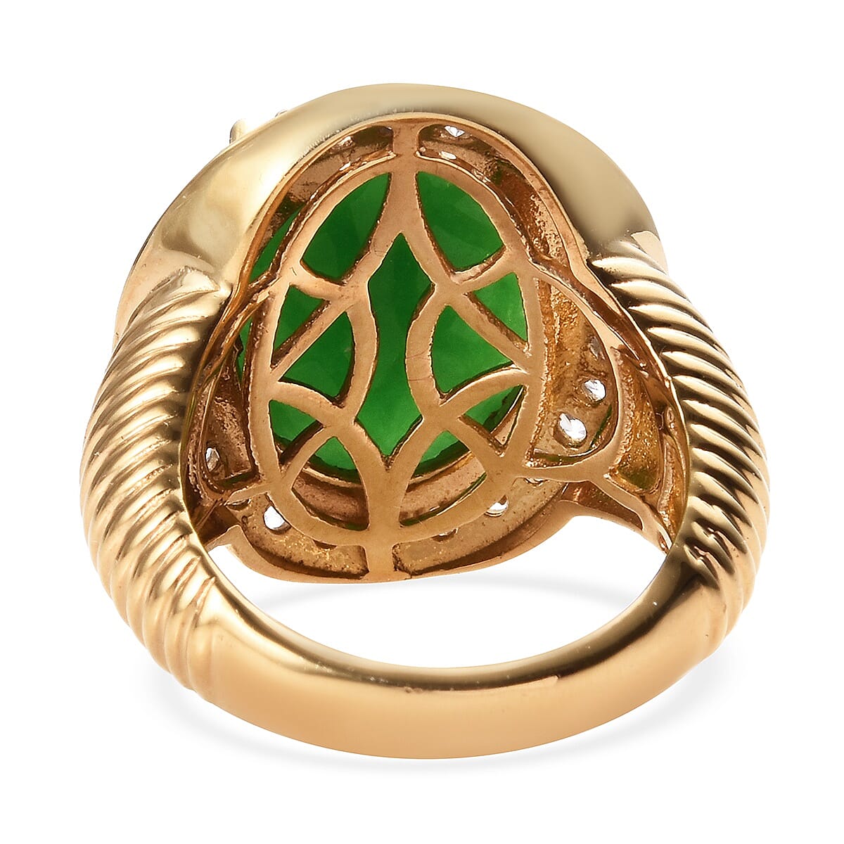 Green Jade (Ovl 16x12 mm), Natural Cambodian Zircon Ring in 14K Gold Overlay Sterling Silver 12.75 Ct, Silver wt 6.30 Gms