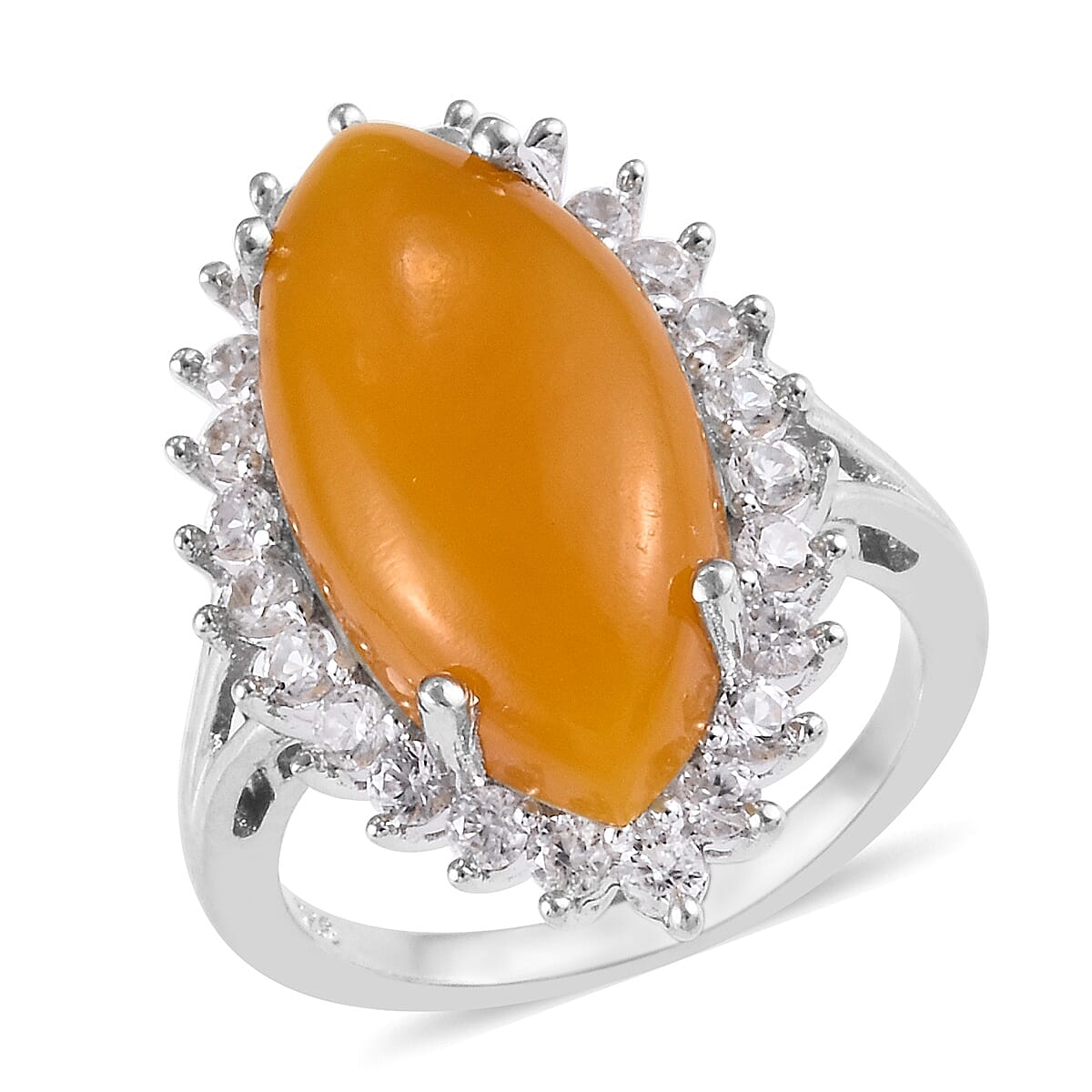Yellow Jade (Mrq 20x10 mm), Natural Cambodian Zircon Ring in Platinum Overlay Sterling Silver 10.50 Ct.