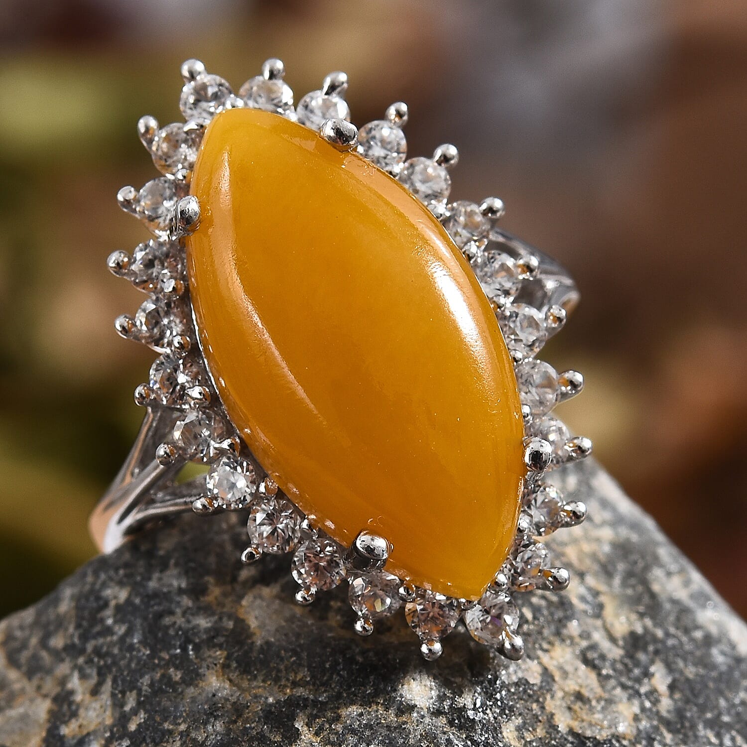 Yellow Jade (Mrq 20x10 mm), Natural Cambodian Zircon Ring in Platinum Overlay Sterling Silver 10.50 Ct.