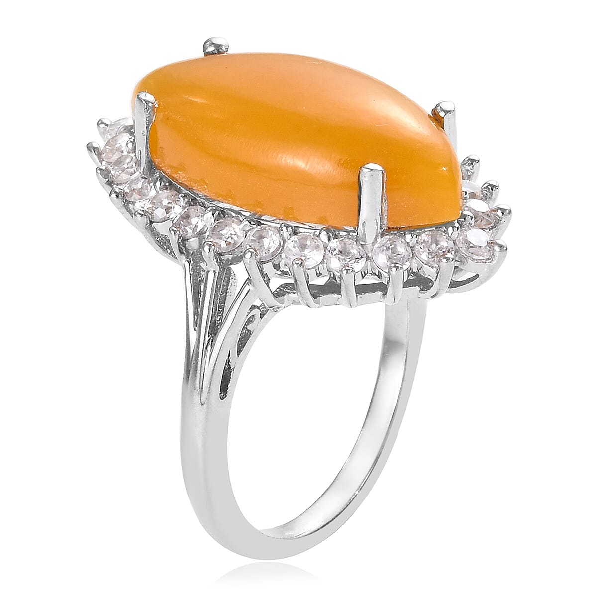 Yellow Jade (Mrq 20x10 mm), Natural Cambodian Zircon Ring in Platinum Overlay Sterling Silver 10.50 Ct.